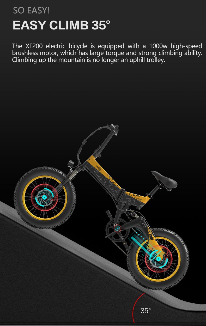 Bezior XF200 Folding Electric Bike 48V 15Ah Battery 1000W Motor 20x4.0 inch Fat Tire Aluminum Alloy Frame Shimano 7-speed Shift Max Speed 40km/h 130KM Power-assisted mileage Range LCD Display IP54 Waterproof - Black Yellow