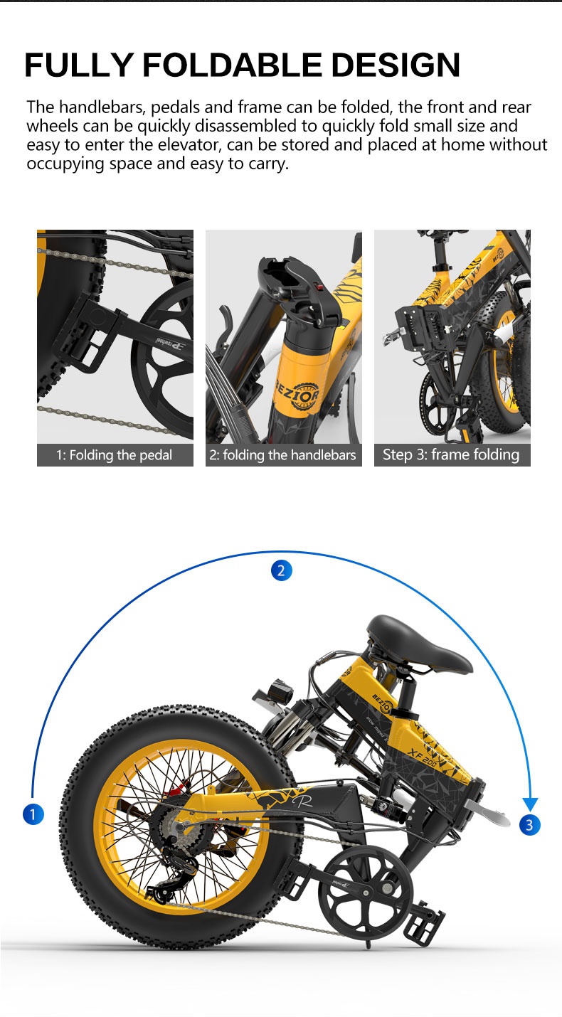 Bezior XF200 Folding Electric Bike 48V 15Ah Battery 1000W Motor 20x4.0 inch Fat Tire Aluminum Alloy Frame Shimano 7-speed Shift Max Speed 40km/h 130KM Power-assisted mileage Range LCD Display IP54 Waterproof - Black Yellow