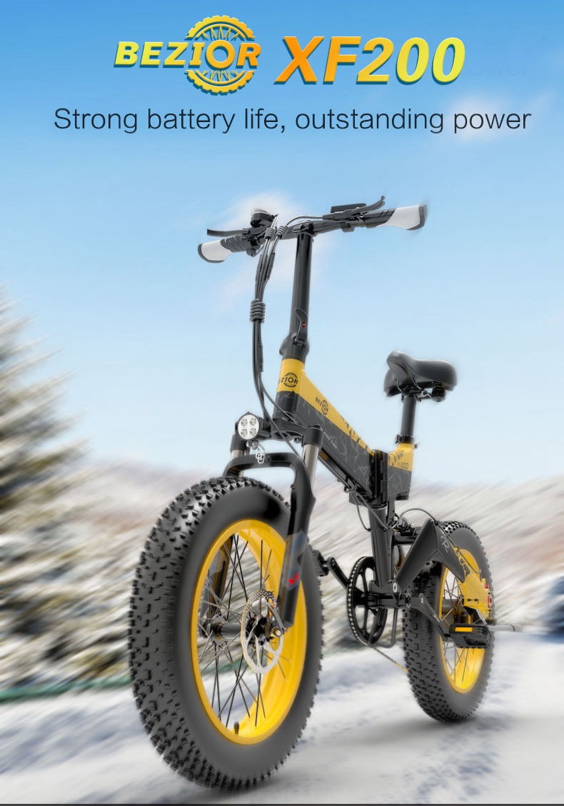 Bezior XF200 Folding Electric Bike 48V 15Ah Battery 1000W Motor 20x4.0 inch Fat Tire Aluminum Alloy Frame Shimano 7-speed Shift Max Speed 40km/h 130KM Power-assisted mileage Range LCD Display IP54 Waterproof - Black Yellow