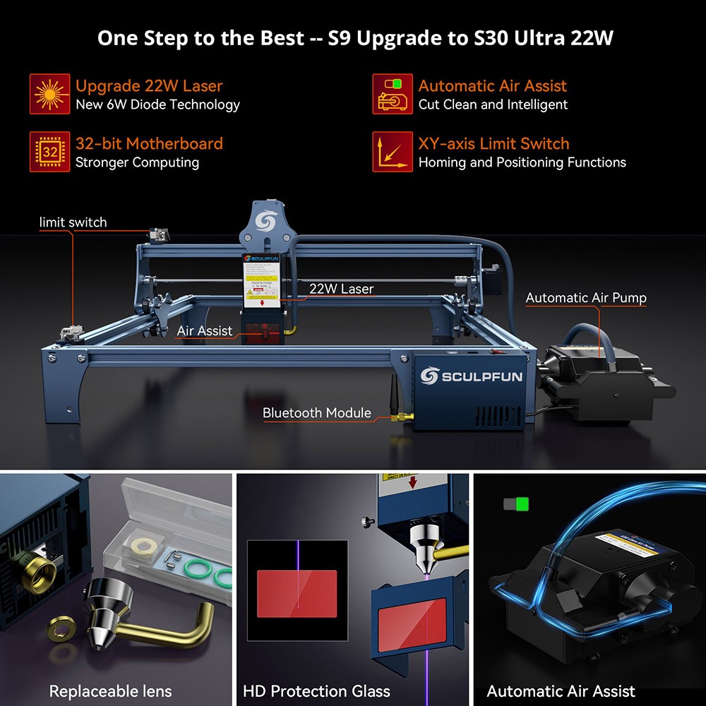 SCULPFUN S9 / S6 / S6 Pro to S30 Ultra 22W Upgrade Kit, 22W Laser Module, 0.08x0.10mm Laser Focus, 32-bit Motherboard, High-Speed Air Assist Pump, XY-Axis Limit Switch