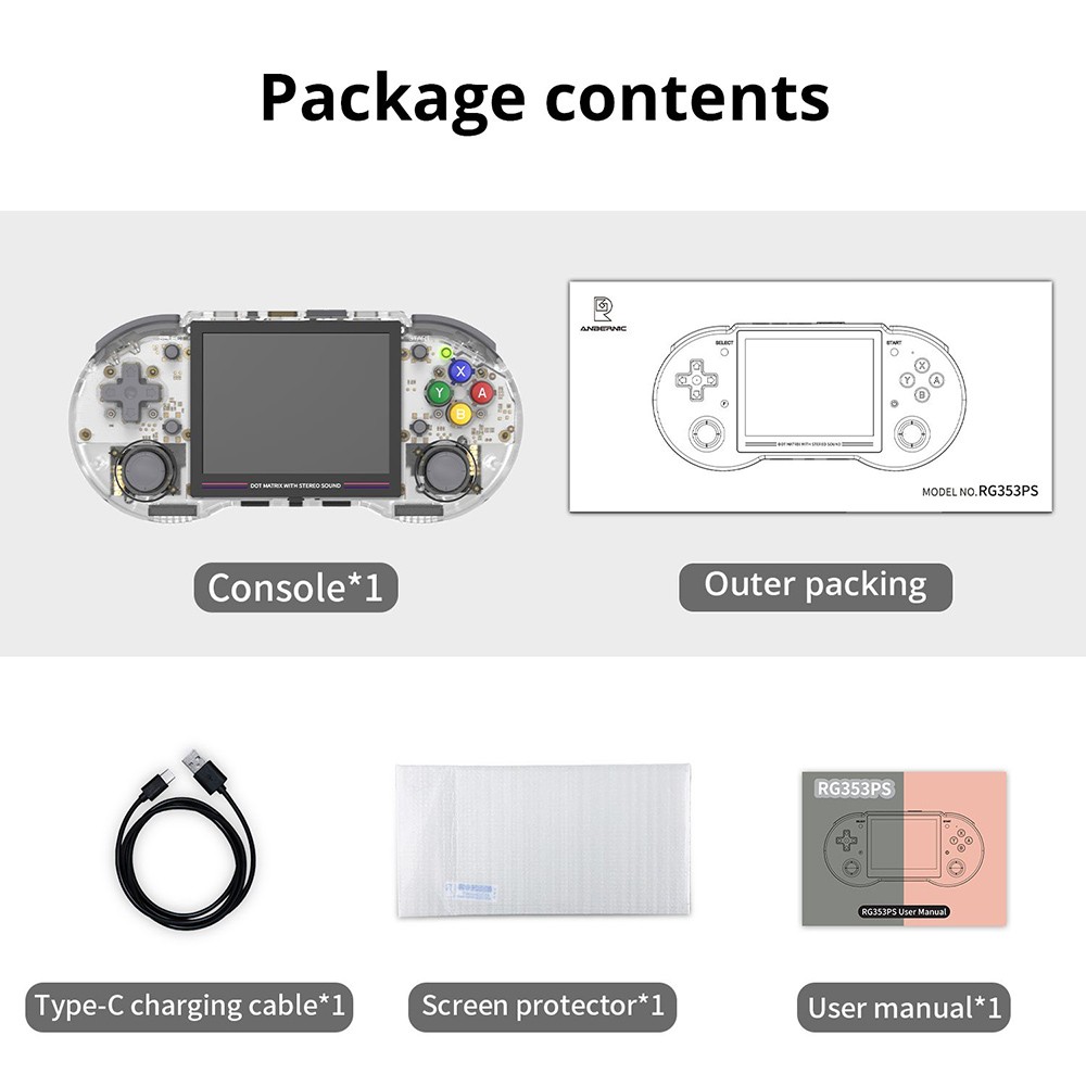 ANBERNIC RG353PS Game Console 128GB TF Card - White Transparent