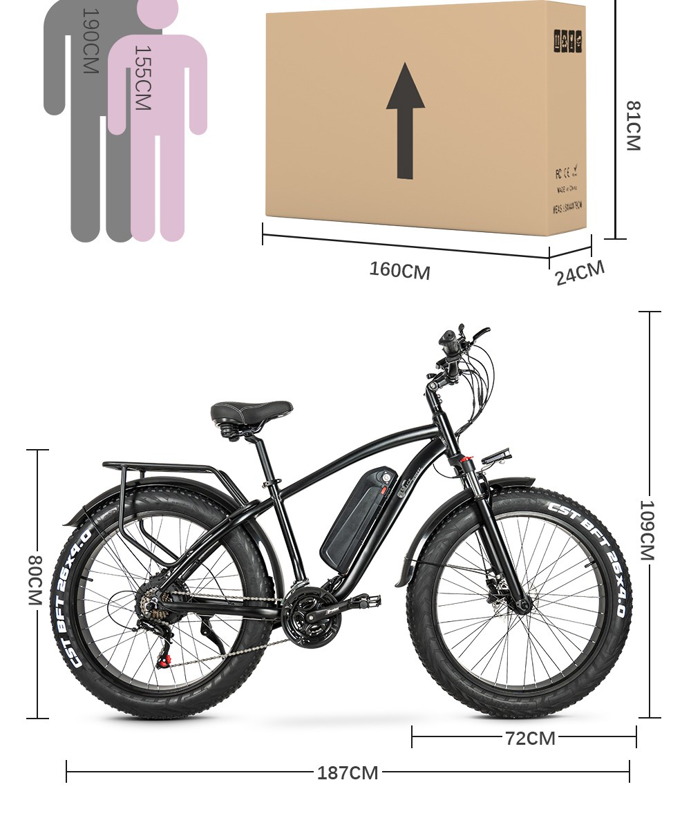 CMACEWHEEL M26 Electric Bike 26*4.0 inch CST Fat Tire 750W Motor 40-45km/h Max Speed 48V 17Ah Battery 110km Range - Black