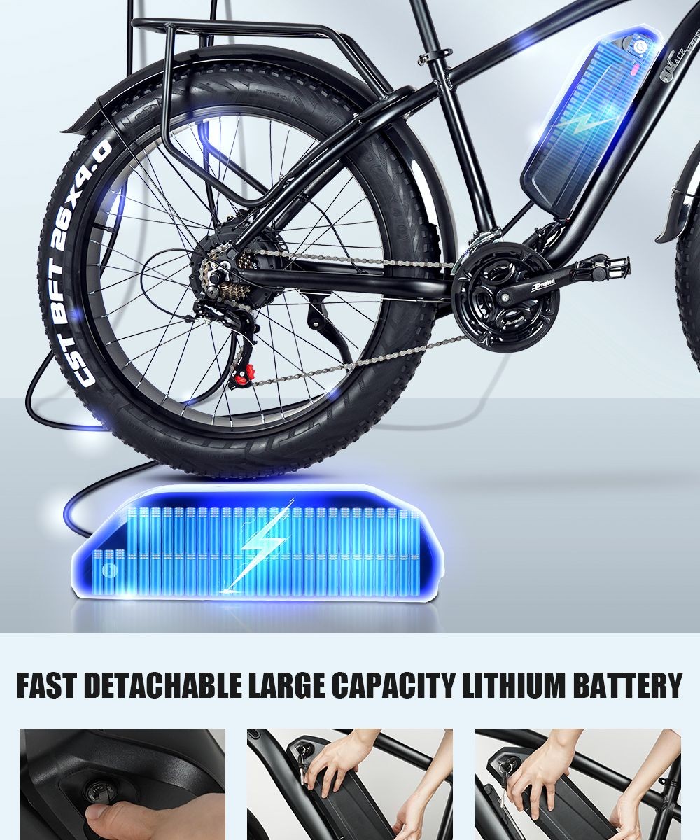 CMACEWHEEL M26 Electric Bike 26*4.0 inch CST Fat Tire 750W Motor 40-45km/h Max Speed 48V 17Ah Battery 110km Range - Black