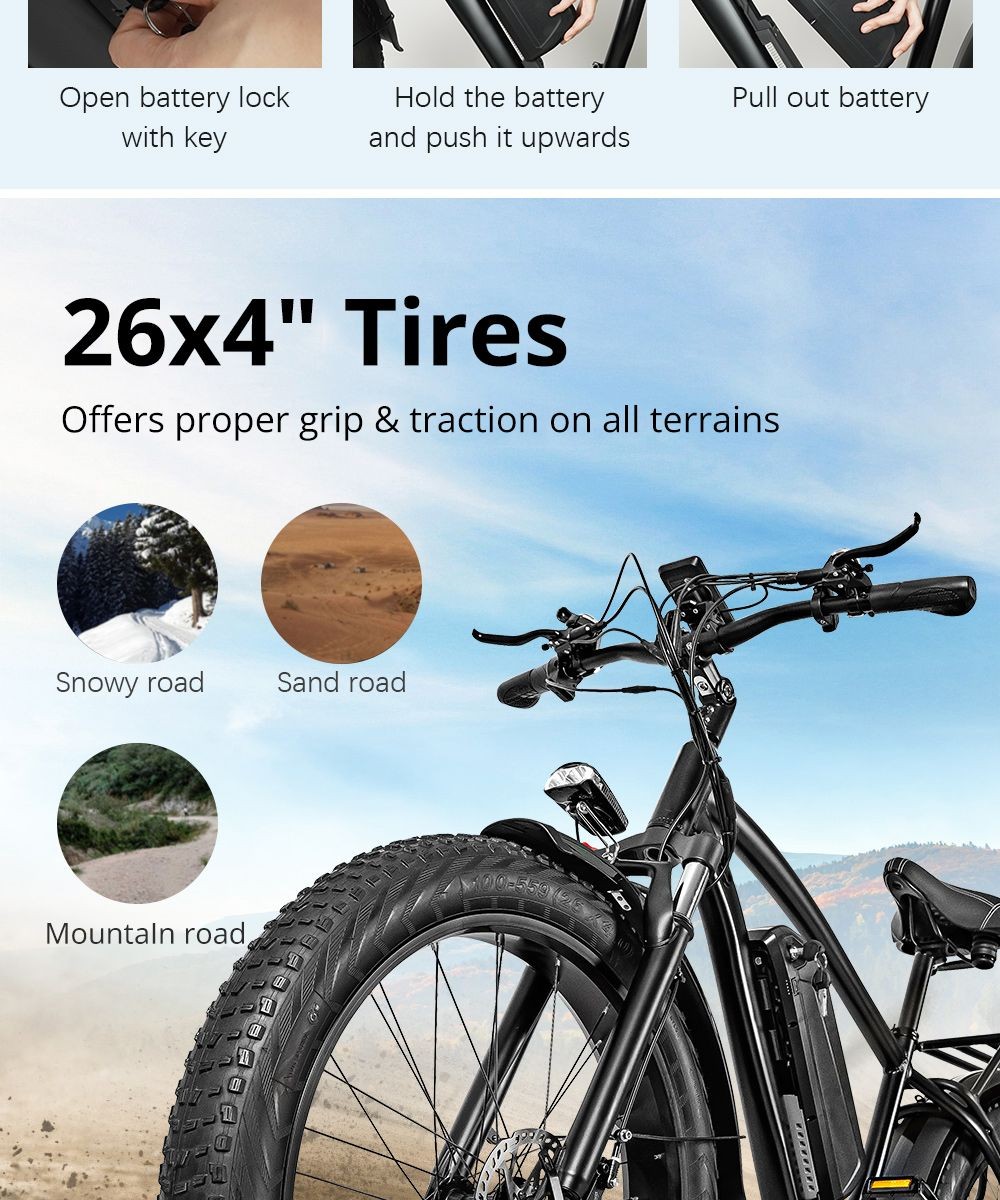 CMACEWHEEL M26 Electric Bike 26*4.0 inch CST Fat Tire 750W Motor 40-45km/h Max Speed 48V 17Ah Battery 110km Range - Black