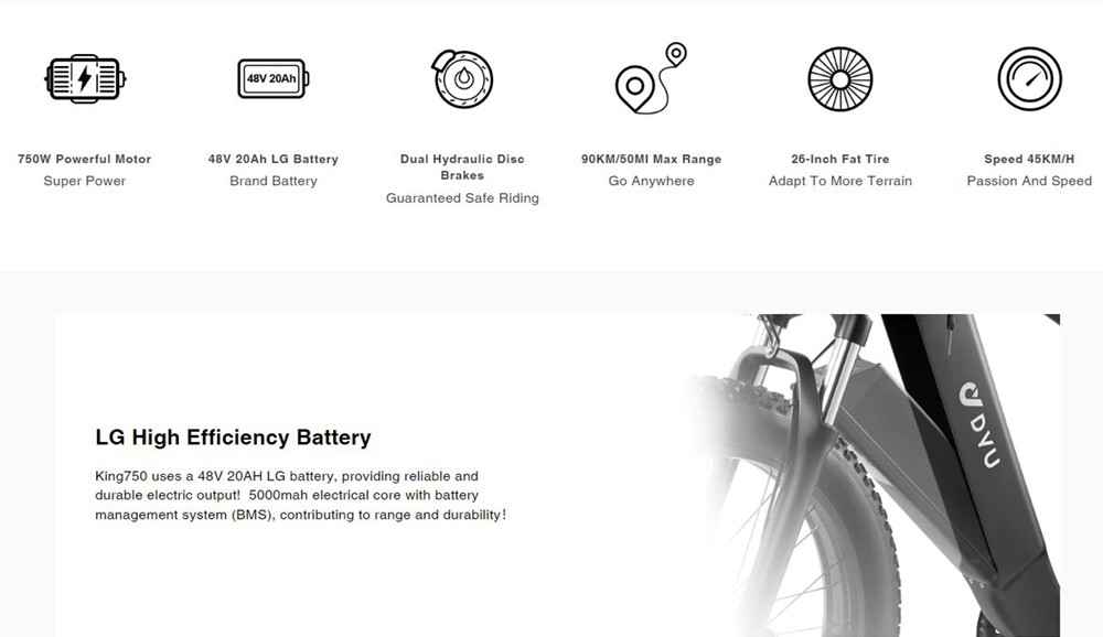 DYU King 750 26 Zoll Mountain E-Bike 48V 750W bürstenloser Hochgeschwindigkeitsmotor 20Ah Akku für 80km Reichweite 45km/h Höchstgeschwindigkeit