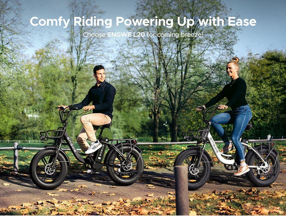ENGWE L20 Electric Bike 20*4.0 inch Fat Tire 750W Motor 25MPH Max Speed 48V 13Ah Battery 90Miles Range Max Load 120kg Shimano 7-Speed Transmission - White