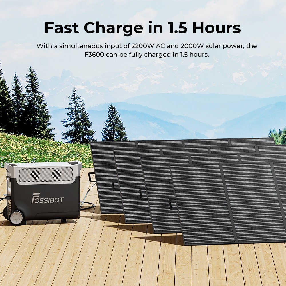FOSSiBOT F3600 Portable Power Station, 3840Wh LiFePO4 Solar Generator, 3600W AC Output, 2000W Max Solar Charge, Fully Recharge in 1.5 Hours, 13 Output Ports, LCD Screen, Removable Flashlight Torch, 3W LED Light, with Rolling Wheels
