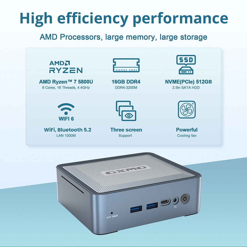 GXMO U58 mini PC AMD Ryzen 7 5800U, 16GB DDR4 512GB SSD, Windows 11 Pro, Wi-Fi 6, Bluetooth 5.2 - EU