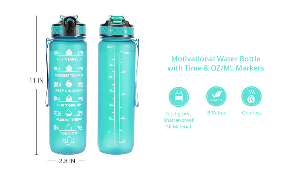 OOLACTIVE GF-1202 32oz Water Bottle with Straw Motivational Water Bottle with Time Marker - Green