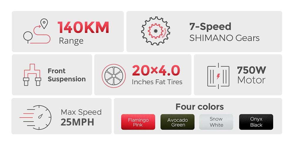 ENGWE L20 Electric Bike 20*4.0 inch Fat Tire 750W Motor 25MPH Max Speed 48V 13Ah Battery 90Miles Range Max Load 120kg Shimano 7-Speed Transmission - Green