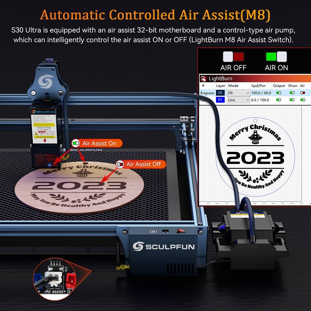 SCULPFUN S9 / S6 / S6 Pro to S30 Ultra 22W Upgrade Kit, 22W Laser Module, 0.08x0.10mm Laser Focus, 32-bit Motherboard, High-Speed Air Assist Pump, XY-Axis Limit Switch