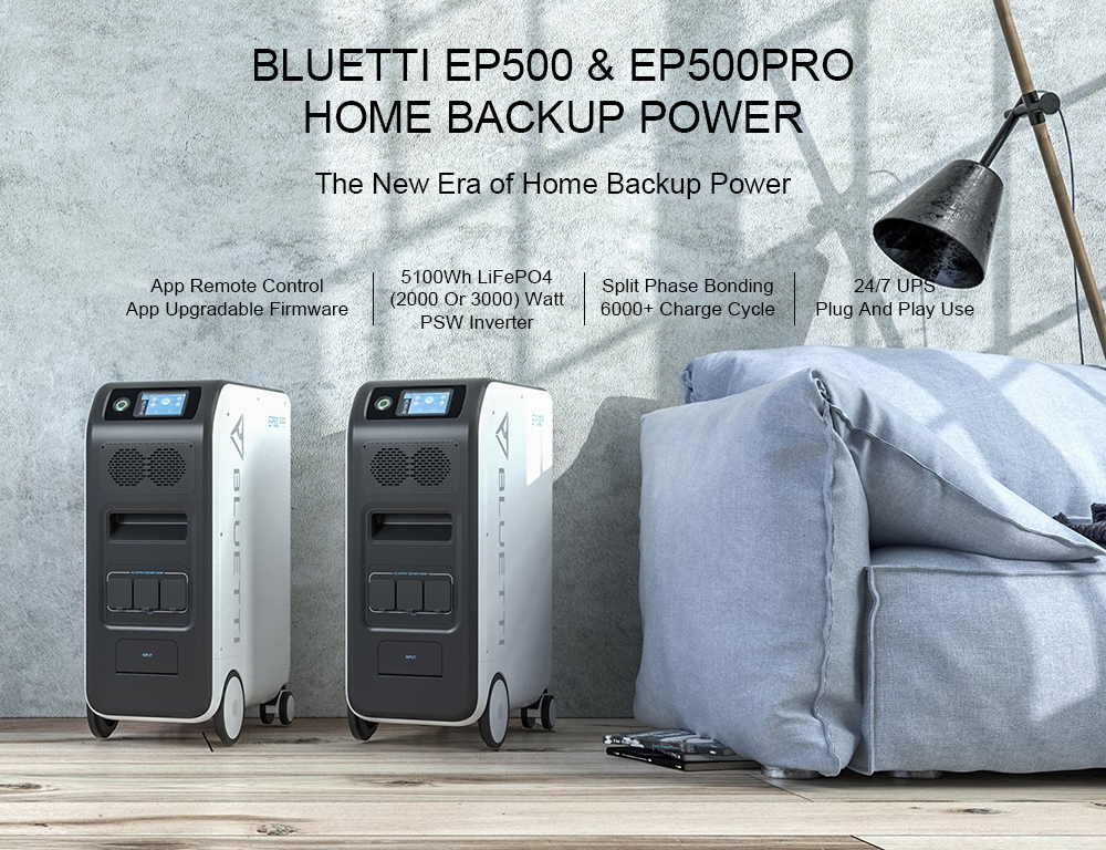 BLUETTI EP500 Pro Portable Power Station, 5100Wh LiFePO4 Battery Solar Generator, 3000W AC Output, Wireless Charging Pad, WiFi Connection - EU Plug