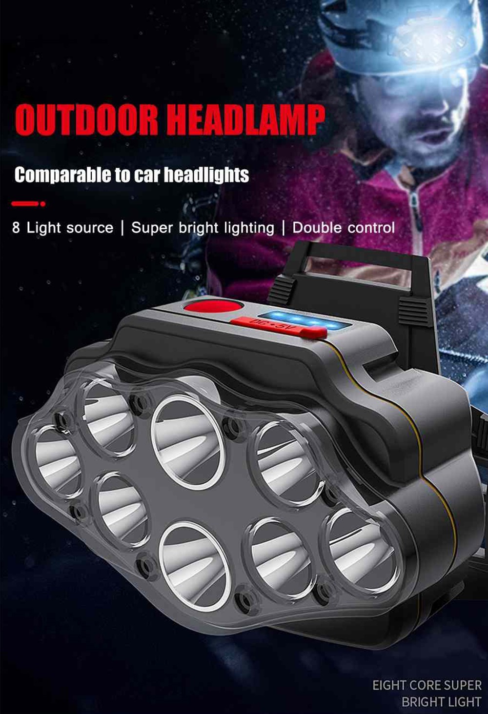 4 Modes 8*XPG LED Headlamp USB Rechargeable Long Shoot Camping Head Light 2 Batteries