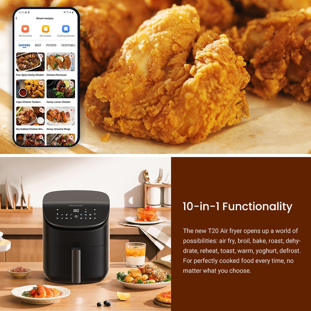 Proscenic T20 1500W Multifunctional Air Fryer, 3.5L Capacity, 12 Presets Functions, Online Recipes, Touch Display, BPA and PFOA Free - EU Plug