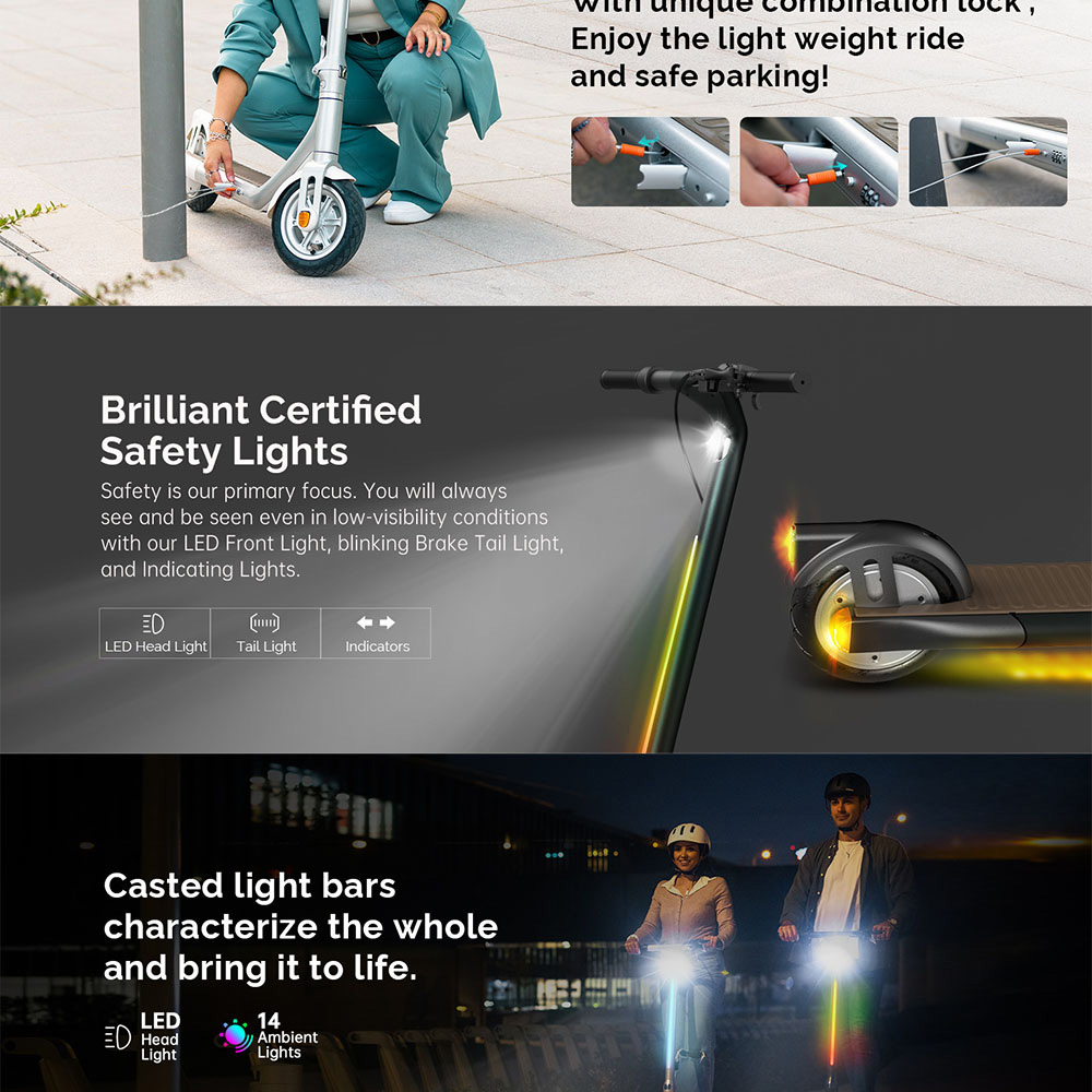 Atomi Alpha Folding Electric Scooter 9 Inch Tires 650W Motor 36V 10Ah Battery for 25 Miles Range 25Km/h Max Speed 120KG Max Load Support App Control Built-in Combination Lock - Green