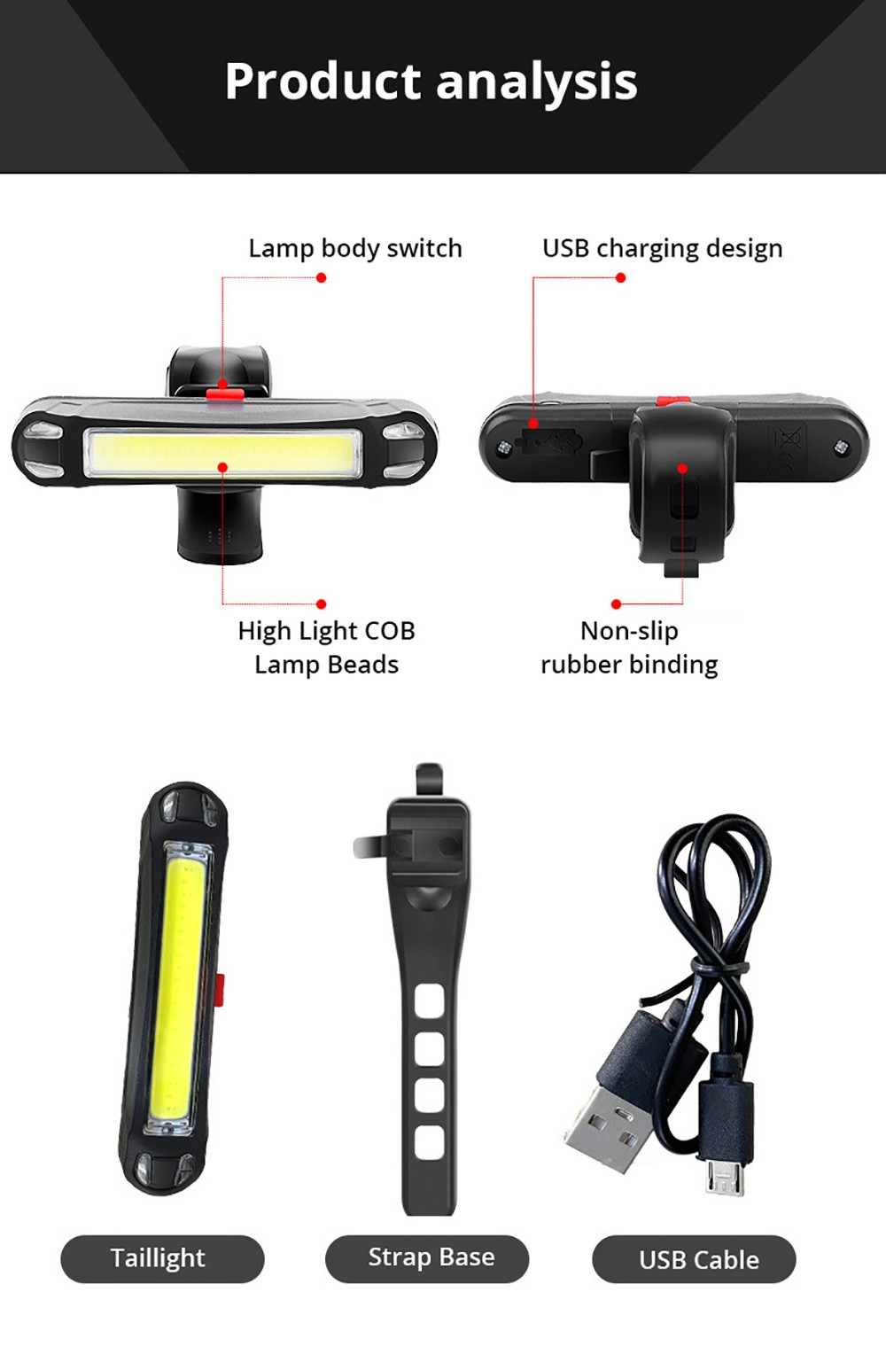 Bike Taillight 5 Lighting Modes USB Charging - Red & White