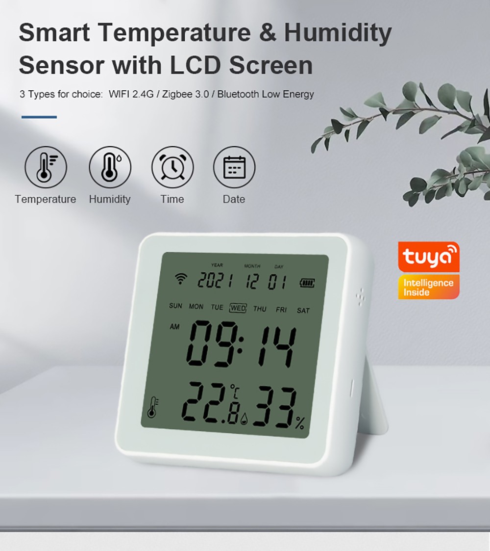 Bluetooth Smart Temperature Humidity Sensor, Backlight Alarm Clock Function, LCD Screen
