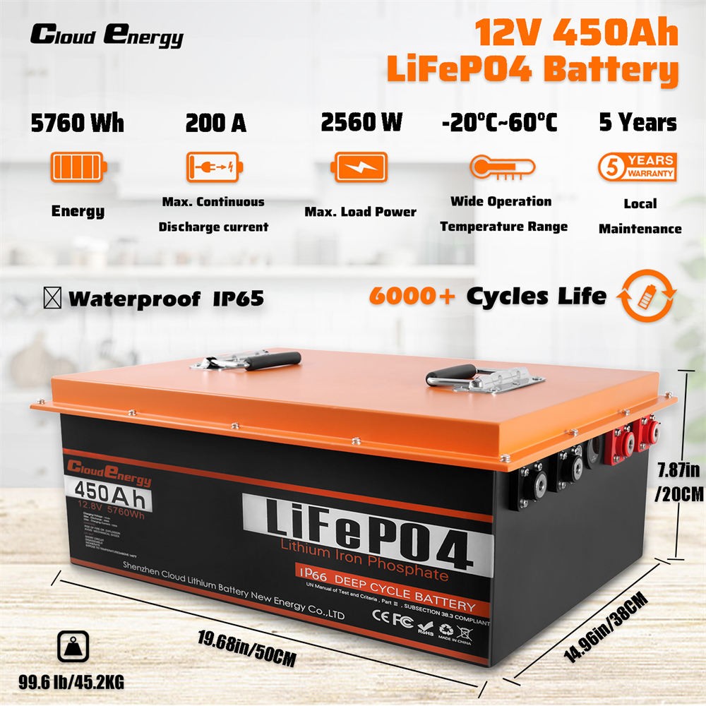 Cloudenergy 12V 450Ah LiFePO4 Battery Pack Backup Power, 5760Wh Energy, 6000+ Cycles, Built-in 200A BMS, Support in Series/Parallel, Perfect for Replacing Most of Backup Power, RV, Boats, Solar, Trolling motor, Off-Grid