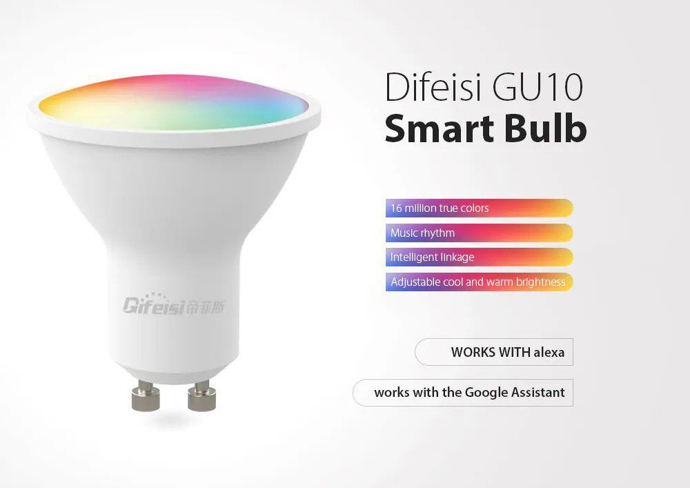 Difeisi GU10 Smart LED Bulb, 450LM RGB Lamp, 16 Million Color Light, Music Rhythm Light, 2700-6500K Color Temperature, App Control, Works with Alexa and Google Assistant