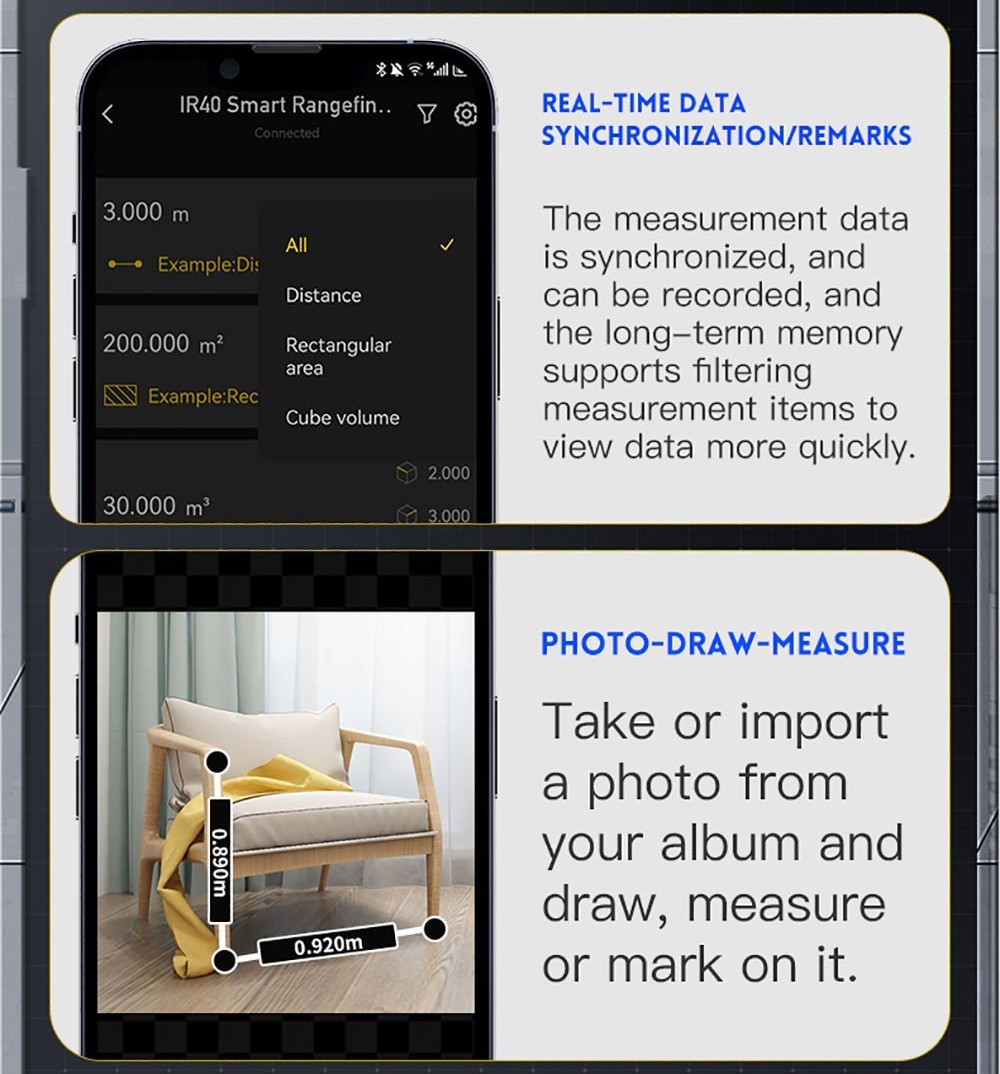FNIRSI IR40 Smart Laser Rangefinder, Digital Distance Meter, 40M Measurement Range, 360-Degree Gravity Sensor, App Connection, 400mAh Battery - Blue