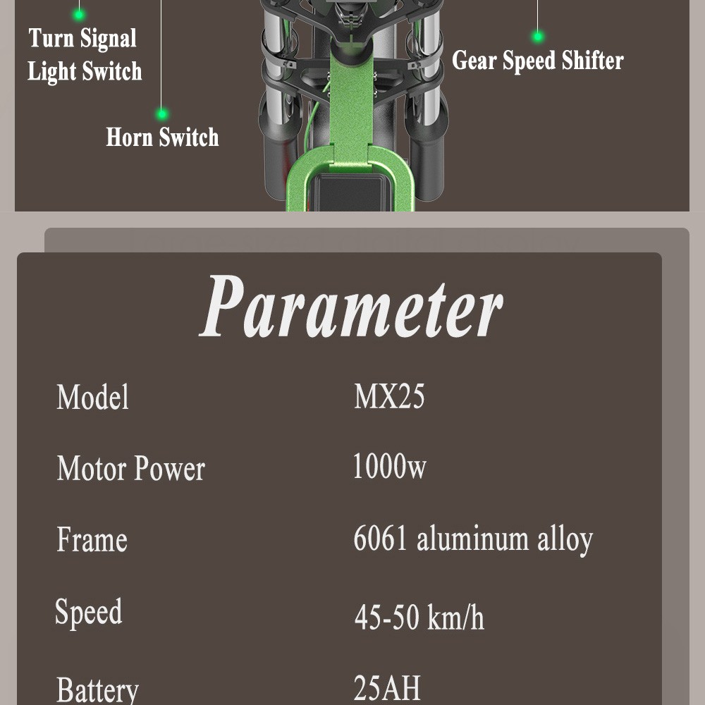 GUNAI MX25 Electric Mountain Bike 20*4.0 Inch Fat Tires 1000W Brushless Motor 50Km/h Max Speed 48V 25Ah Battery Shimano 7-Speed 75KM Mileage Range 200KG Payload Electric Bicycle - Green
