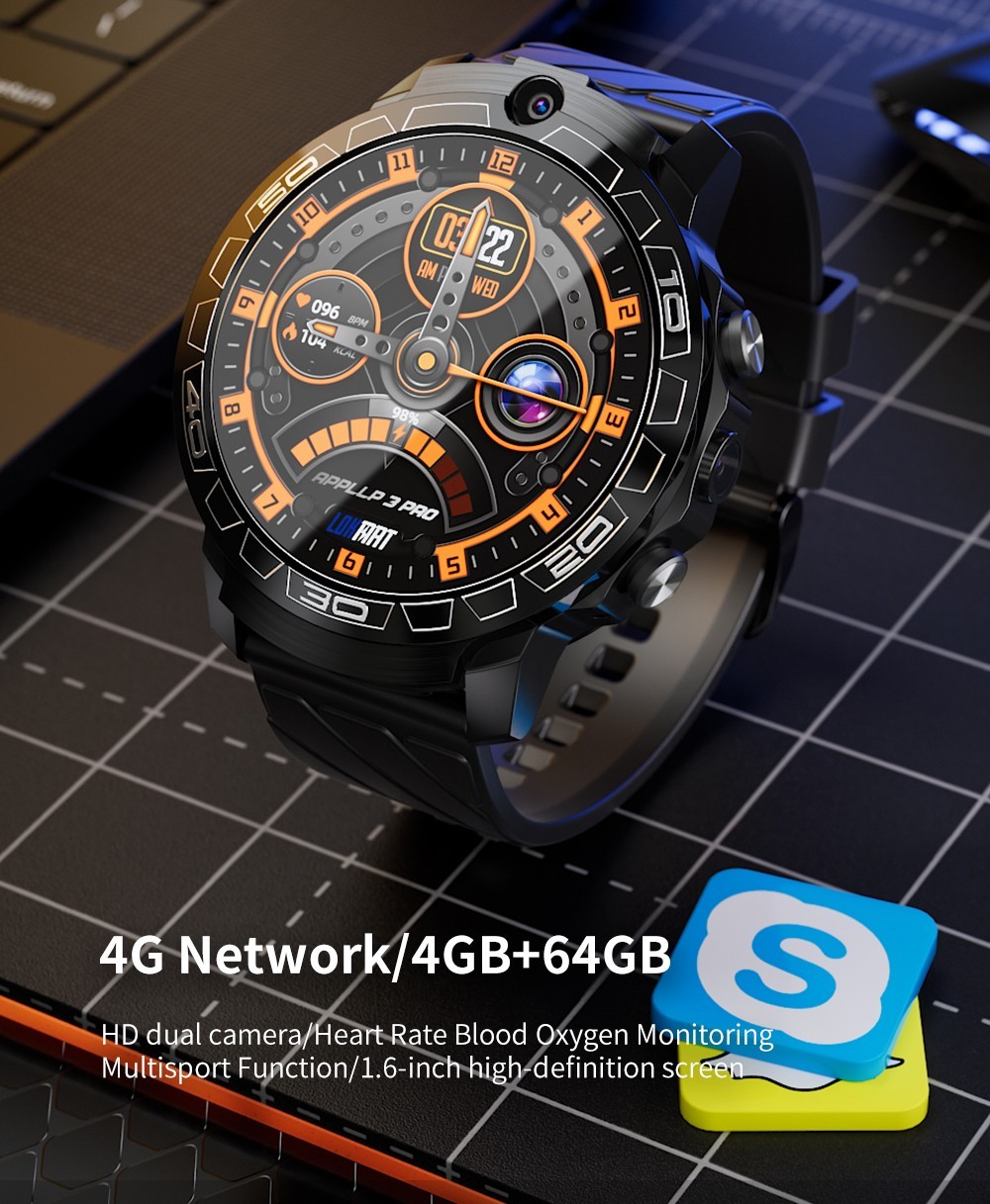 LOKMAT APPLLP 3 PRO Smart Watch Phone 4GB RAM 64GB ROM Android 4G SIM Network GPS Sports Fitness Tracker Dual Camera