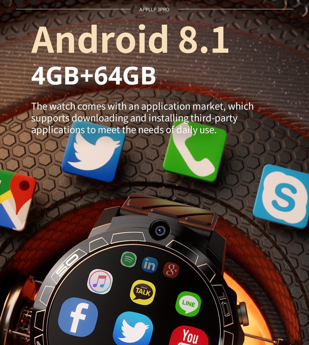 LOKMAT APPLLP 3 PRO Smart Watch Phone 4GB RAM 64GB ROM Android 4G SIM Network GPS Sports Fitness Tracker Dual Camera
