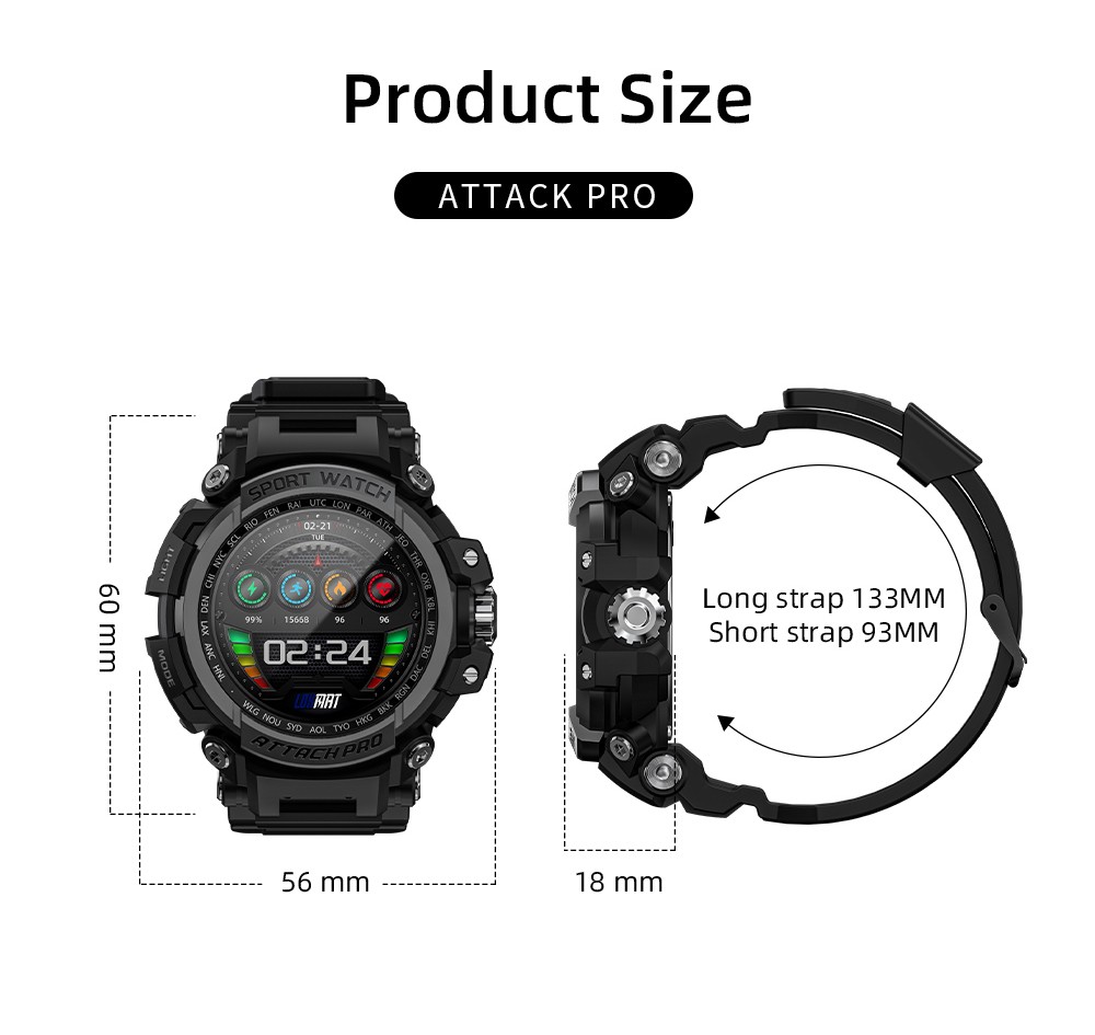 LOKMAT ATTACK Pro Smartwatch 1.32in TFT LCD Screen Bluetooth 5.1 IP68 Waterproof HR & BP Monitor, Fitness Tracker - Blue