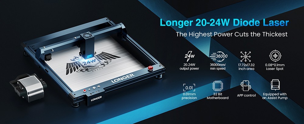 Longer Laser B1 20W Laser Engraver Cutter, 4-core Laser Head, 450 x 440mm Engraving Area - US