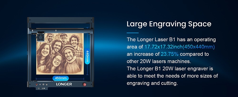 Longer Laser B1 20W Laser Engraver Cutter, 4-core Laser Head, 450 x 440mm Engraving Area - US