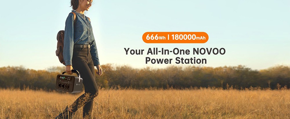 NOVOO RPS700 700W Portable Power Station, 666Wh/180000mAh Battery Solar Generator, MPPT Controller, 8 Outputs, LCD Screen, Flashlight