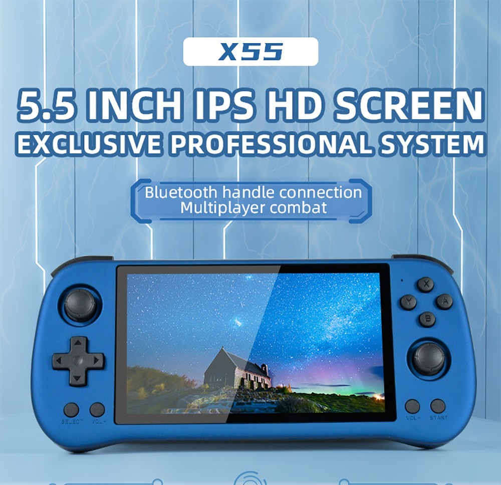Powkiddy X55 16GB+256GB Handheld Game Console, 8000+ Games, 5.5'' IPS Screen RK3566 Chip, 4000mAh Battery, Support CPS/FBA/FC/GB/GBA/GBC/NEOGEO/SFC/MD/PS/N64 - Blue