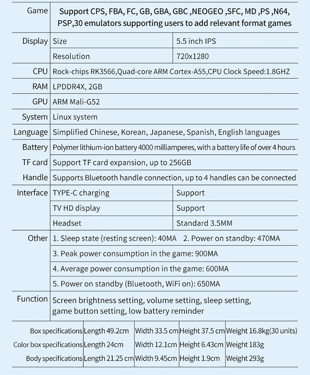 Powkiddy X55 16GB+64GB Handheld Game Console, 8000+ Games, 5.5'' IPS Screen RK3566 Chip, 4000mAh Battery, Support CPS/FBA/FC/GB/GBA/GBC/NEOGEO/SFC/MD/PS/N64 - Blue