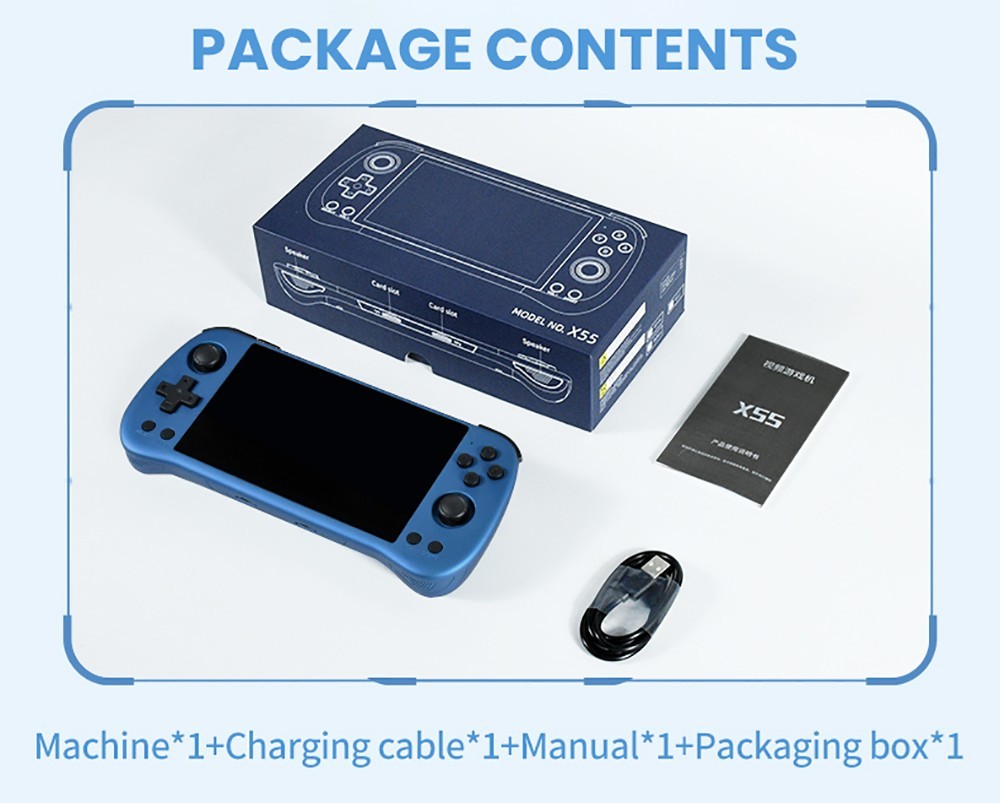 Powkiddy X55 16GB+64GB Handheld Game Console, 8000+ Games, 5.5'' IPS Screen RK3566 Chip, 4000mAh Battery, Support CPS/FBA/FC/GB/GBA/GBC/NEOGEO/SFC/MD/PS/N64 - Blue