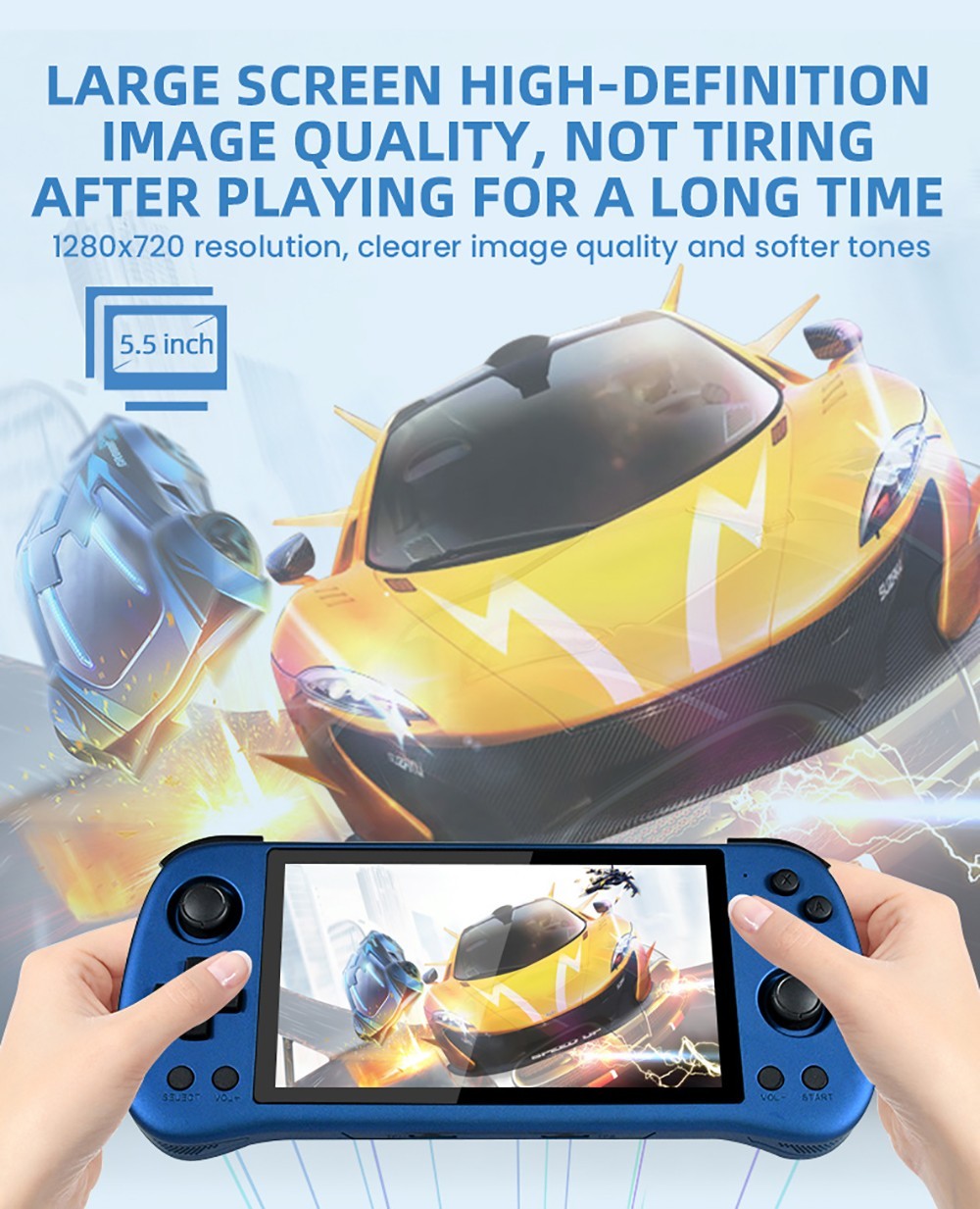 Powkiddy X55 16GB+64GB Handheld Game Console, 8000+ Games, 5.5'' IPS Screen RK3566 Chip, 4000mAh Battery, Support CPS/FBA/FC/GB/GBA/GBC/NEOGEO/SFC/MD/PS/N64 - Blue