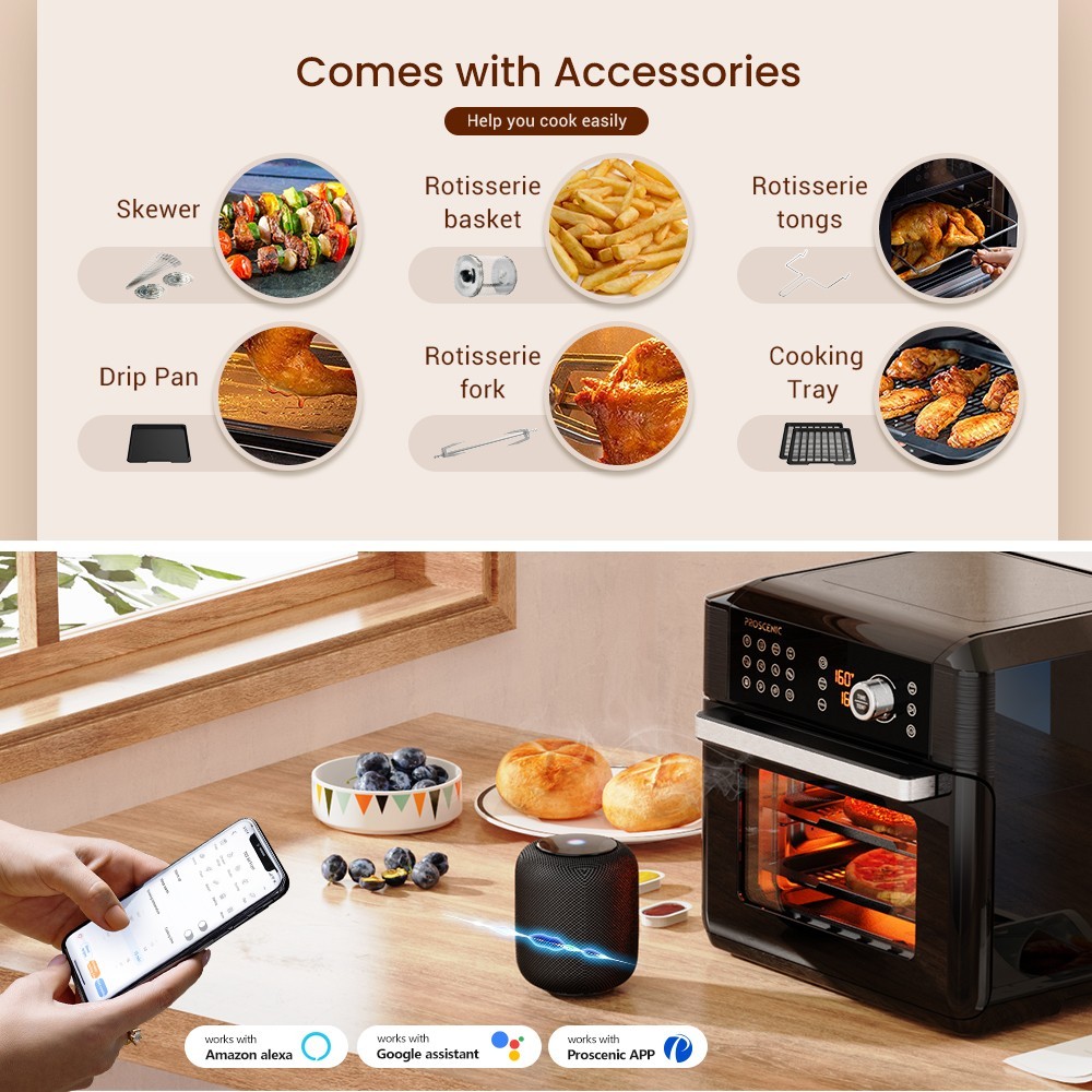 Proscenic T31 1700W Air Fryer Oven, 15L Large Capacity, 12 Presets, 360 Degree Air Circulation, Flipping Reminder, Touch Screen, APP Control