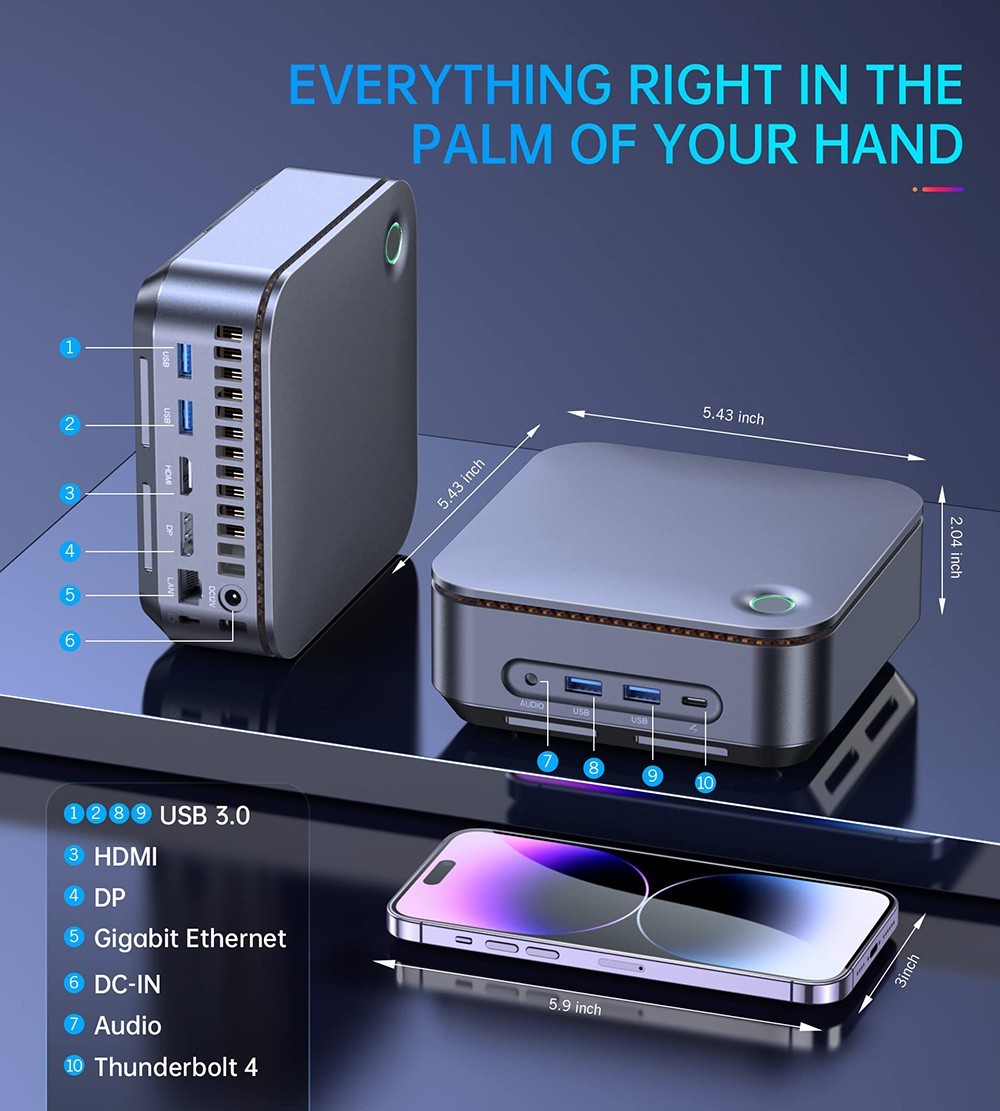 TK11-A0 Mini PC Intel Core i5-11390H, 32GB DDR4 1TB SSD, Windows 11 Pro, WiFi 5, 1000M LAN - EU