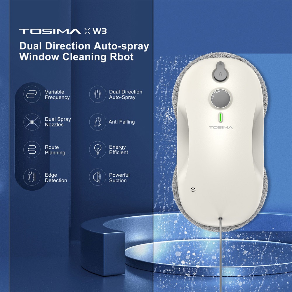 TOSIMA W3 Window Cleaning Robot, Max 3800Pa Suction, Bi-Directional Automatic Spray, 80ml Water Tank, Intelligent Route Planning, 30Mins Backup Battery, Anti-Falling, APP/Remote Control, with 12 Mops - White