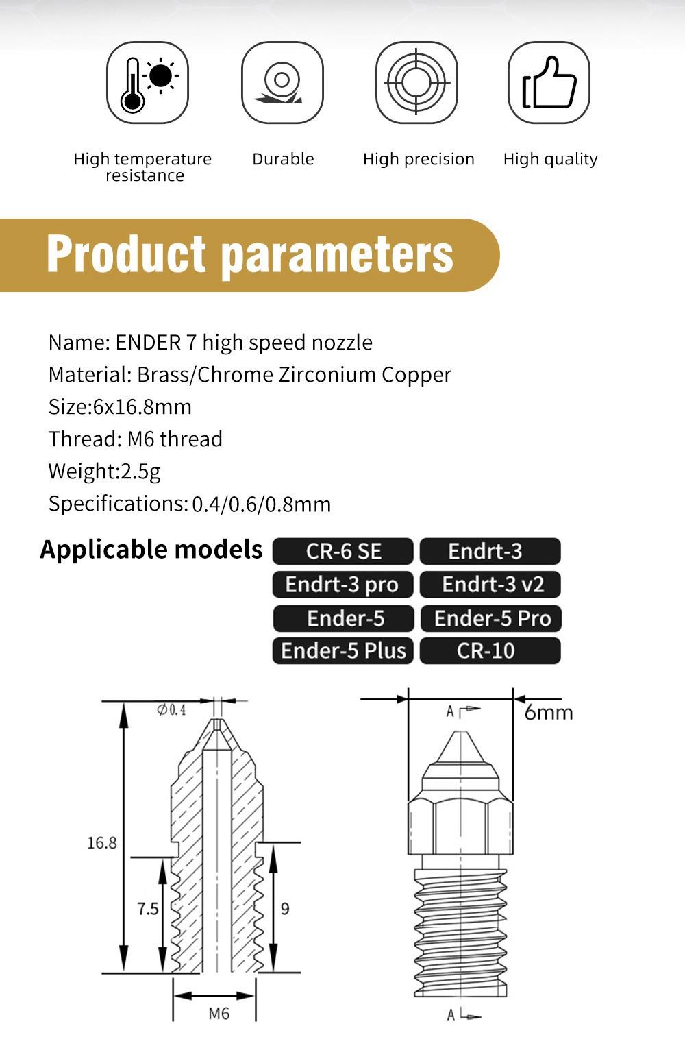 10pcs TWO TREES High-speed Nozzle for Creality Ender 7 (0.4mm Brass 2pcs, 0.6mm Brass 2pcs, 0.8mm Brass 2pcs, 0.6mm Chromium Zirconium Copper 2pcs, 0.8mm Chromium Zirconium Copper 2pcs)