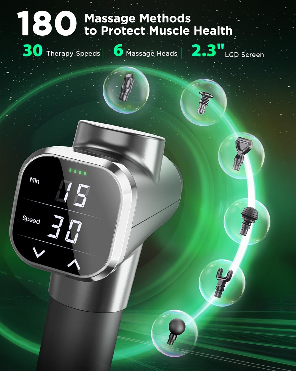 Toncur Hero 1 Muscle Massage Gun, 45lbs Stall Force, Up to 3200rpm, 30 Adjustable Speed, 2600mAh Battery, Timer Function, Touch Screen - Grey