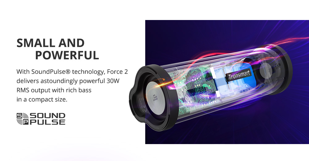 Refurbished Tronsmart Force2 SoundPulse Portable Bluetooth Speaker with IPX7 Waterproof, 30W Max Output - Black
