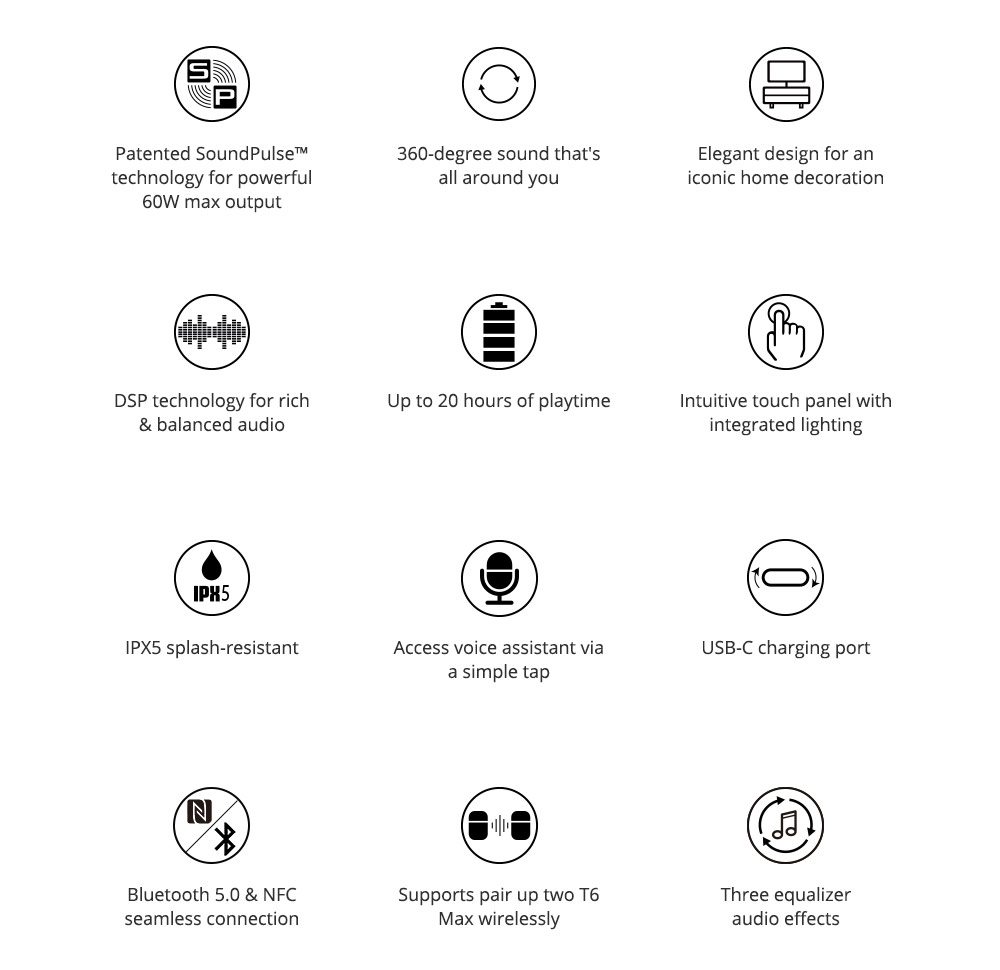 Refurbished Tronsmart Element T6 Max 60W Max Bluetooth 5.0 Home Speaker with Deep Bass, Clear Audio, 20H Playtime, IPX5, NFC