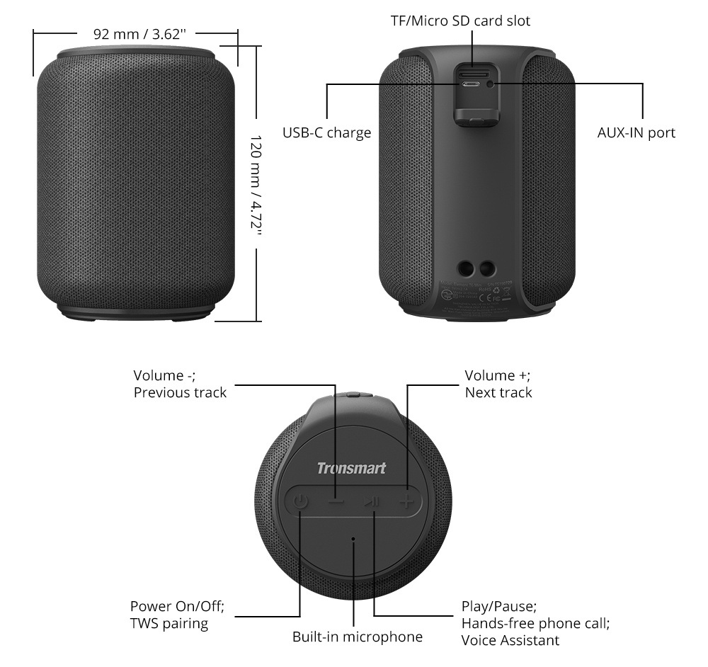 Refurbished Tronsmart Element T6 Mini Bluetooth 5.0 Speaker with 360-degree Surround, Deep Bass, IPX6 Waterproof, 24H Playtime-Black
