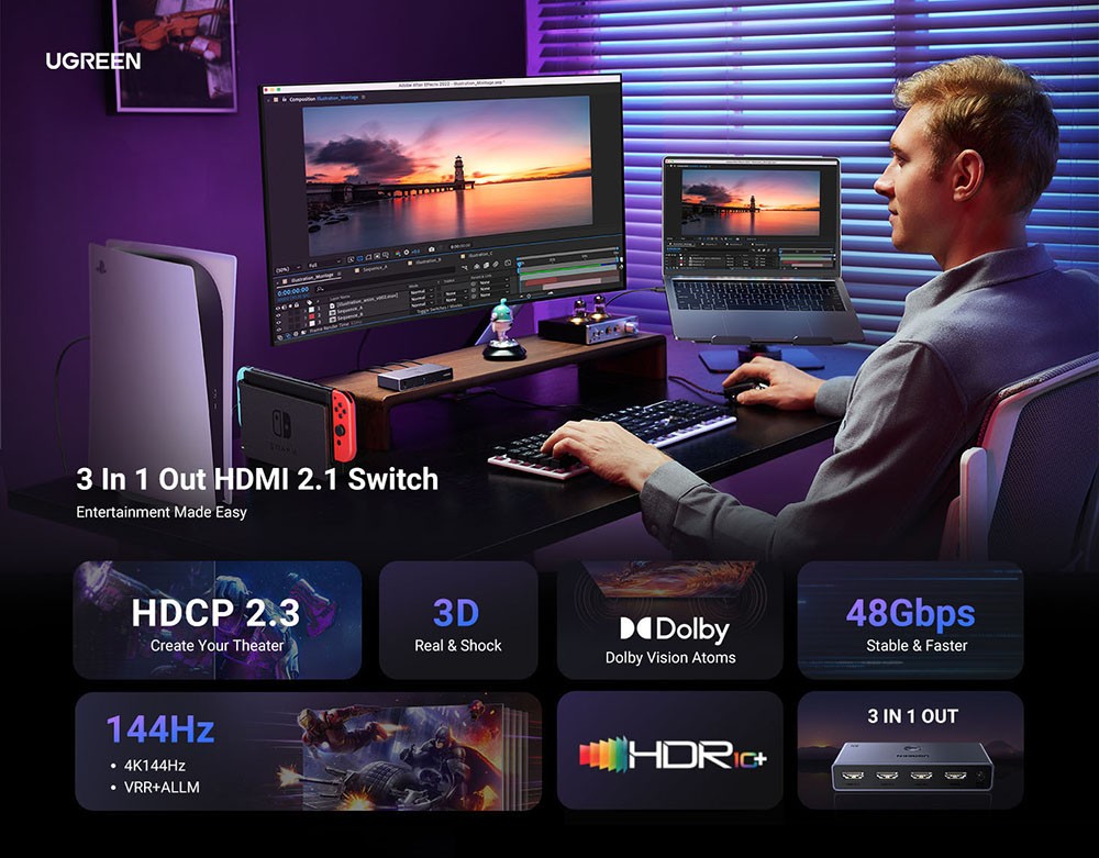 UGREEN HDMI 2.1 Switch 8K@60Hz 3 in 1 Out HDMI Splitter