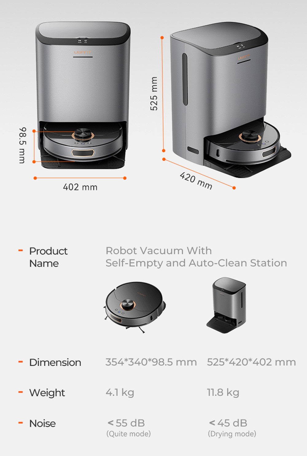 UWANT U200 Robot Vacuum Cleaner, 5000Pa Suction, Self-Cleaning, Self-Emptying, Dual-Disc Mopping, 4L Clean Water Tank, 5200mAh Battery, App/Voice Control - Grey