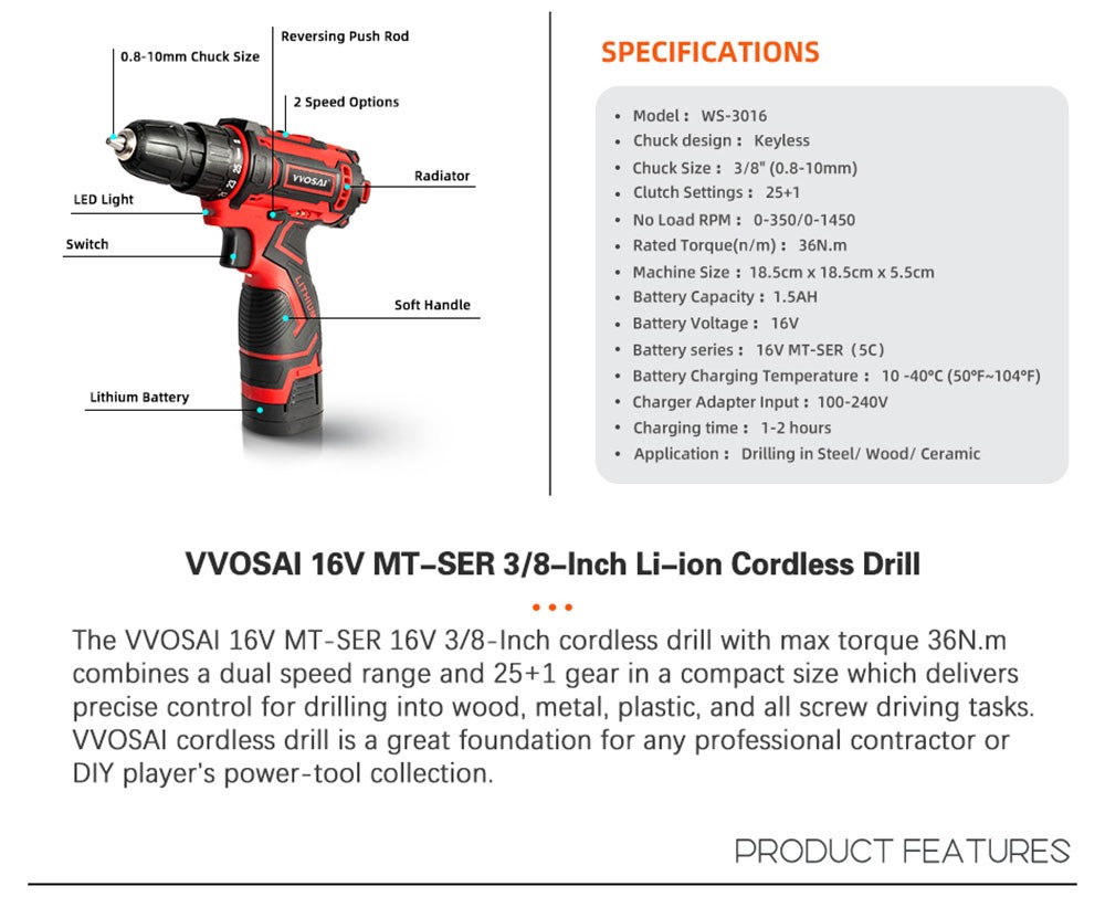 VVOSAI WS-3016-B2P 16V Cordless Drill Electric Screwdriver, 3/8 inch Chuck Size, 2 Speed, 1.5Ah Battery Capacity, LED Light, with 28pcs Drill Bits Kit
