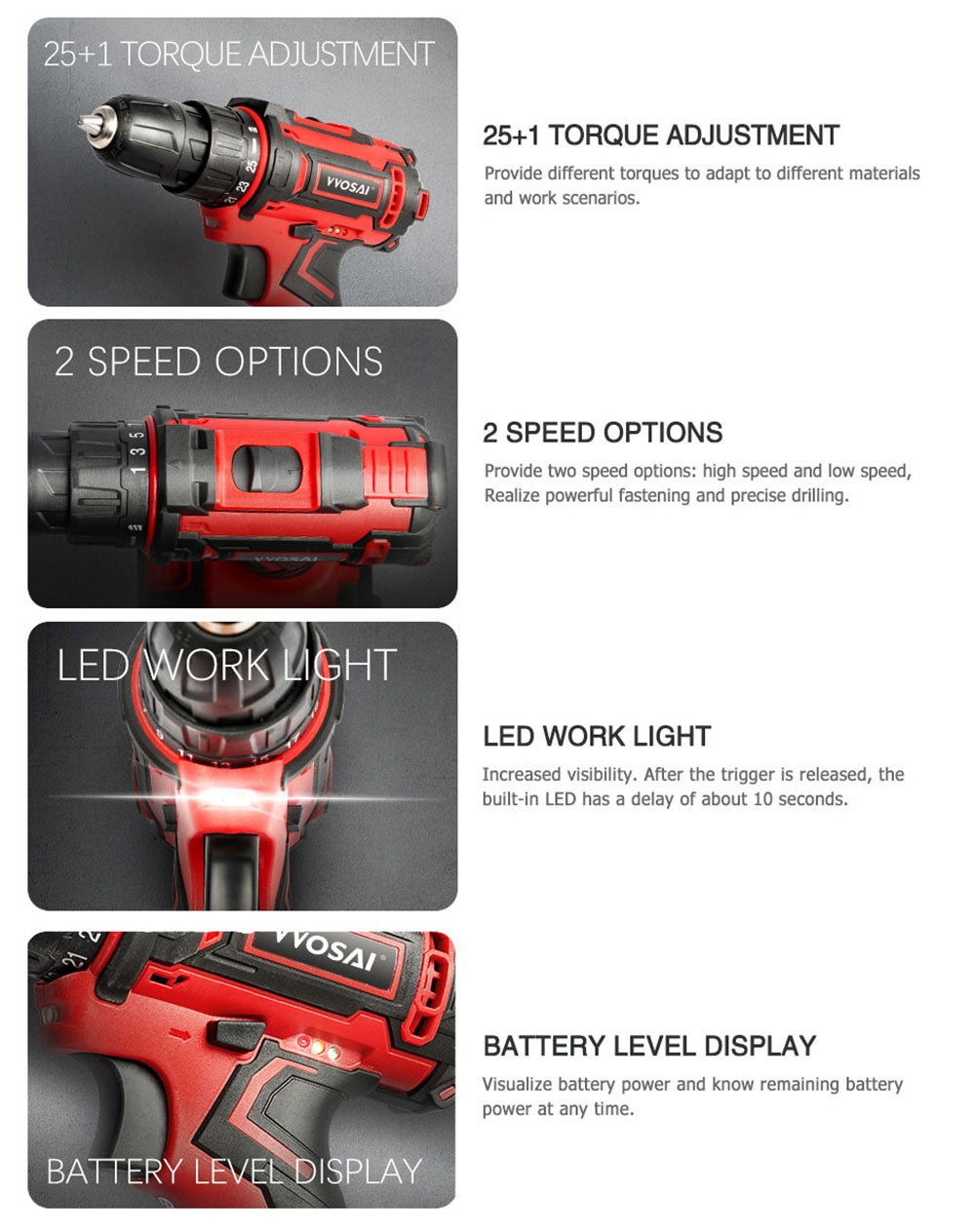 VVOSAI WS-3016-B2P 16V Cordless Drill Electric Screwdriver, 3/8 inch Chuck Size, 2 Speed, 1.5Ah Battery Capacity, LED Light, with 28pcs Drill Bits Kit