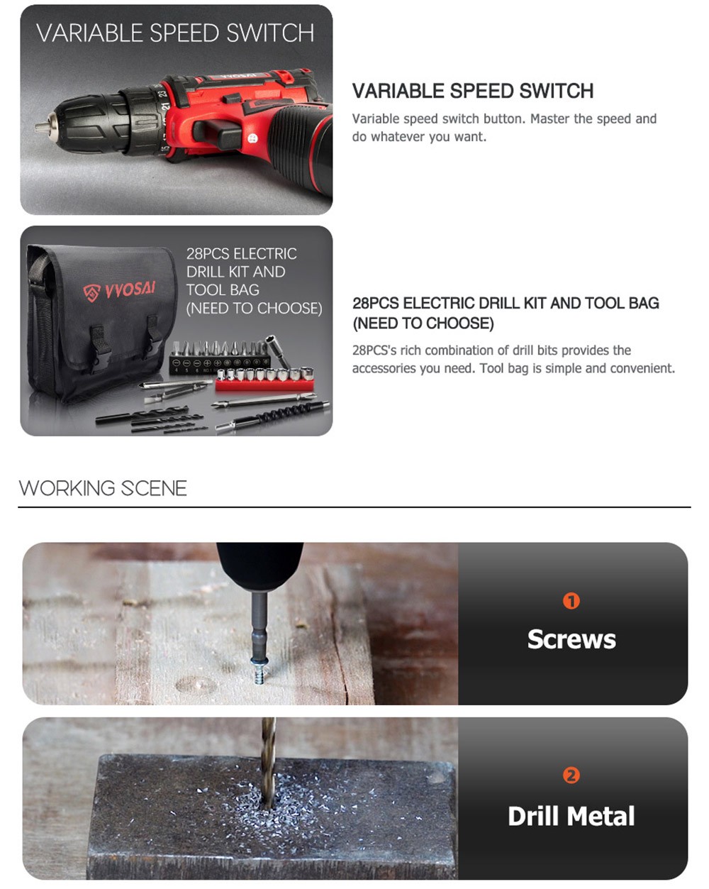 VVOSAI WS-3016-B2P 16V Cordless Drill Electric Screwdriver, 3/8 inch Chuck Size, 2 Speed, 1.5Ah Battery Capacity, LED Light, with 28pcs Drill Bits Kit