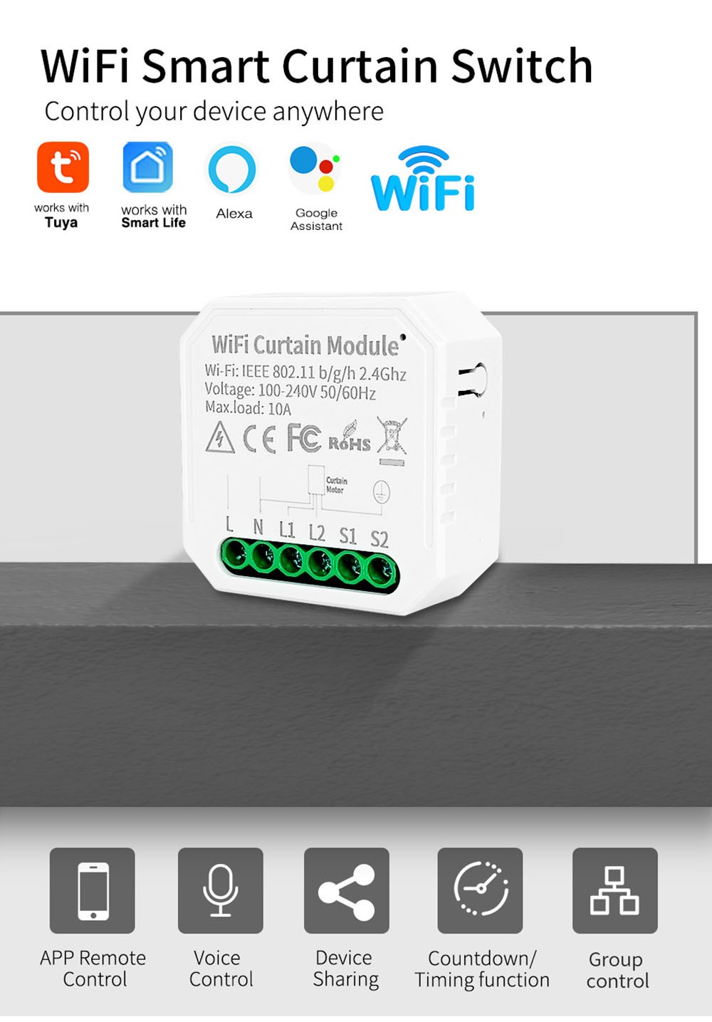 WHD09 Tuya WiFi Smart Curtain Switch Controller, Countdown/Timing Function, App/Voice Control, Home Curtain Modification