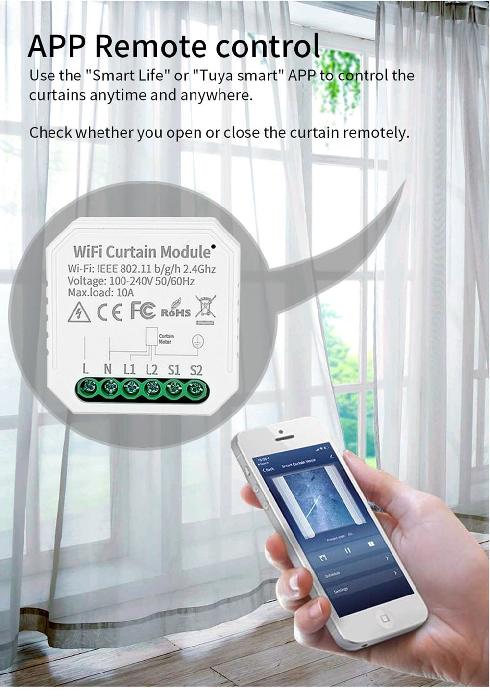 WHD09 Tuya WiFi Smart Curtain Switch Controller, Countdown/Timing Function, App/Voice Control, Home Curtain Modification